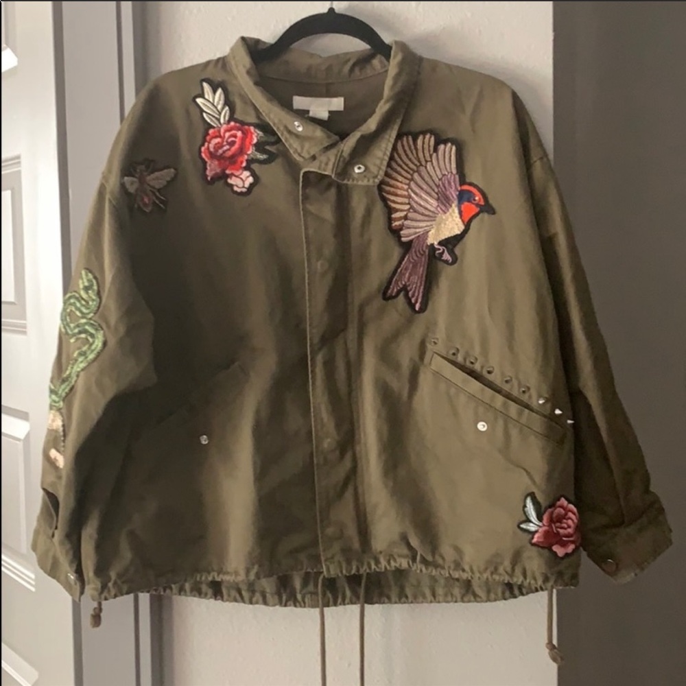 H&M green oversized jacket with patches